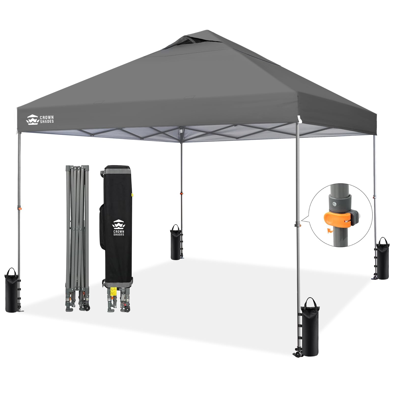 Adjustable Height on The Fly, 10x10 Pop Up Canopy - Beach Tent with One Push Setup - Easy Outdoor Sun Shade for Events, Parties, Camping - Outside Shade with STO-N-Go Bag, Grey