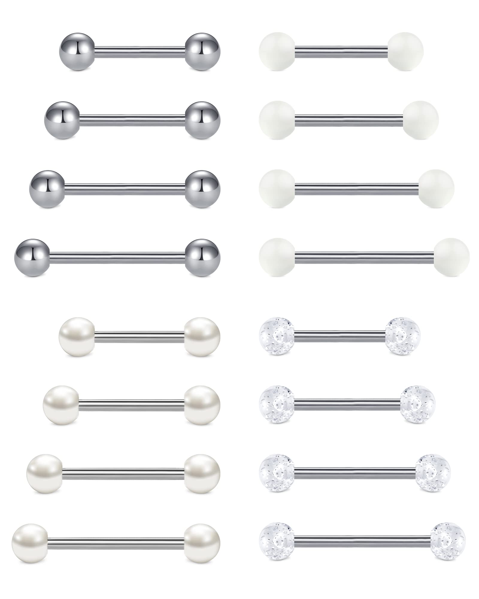 LAURITAMI 16pcs Piercing Lengua 14G 12-18mm Pezón Barbell Recto Acero Inoxidable Lengua Pendientes Joyas