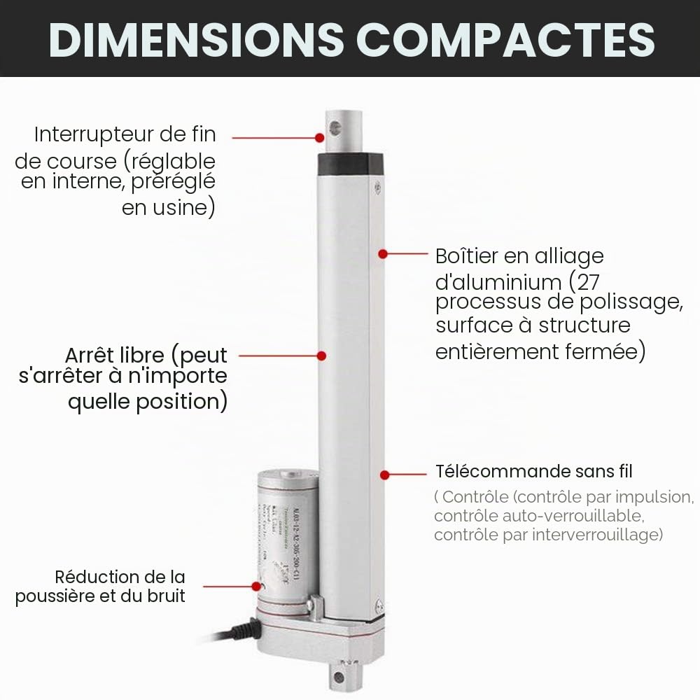 DCHOUSE Actionneurs à mouvement linéaire, 1000N jusqu’à 350mm de trajet maximale, Tension nominale 12V DC, Convient à usage électronique, médicale ou d'automatisation.