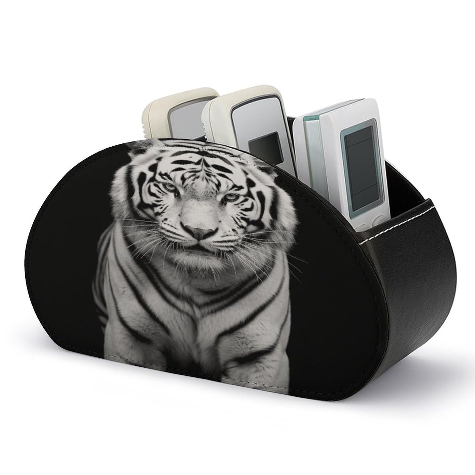 FodPand Black And White Tiger Remote Control Holders PU Leather Remote Caddy Desktop Organizer with 5 Compartments TV Remote Holder Box Tray for Bedside Table Office Desk Accessories&Gift
