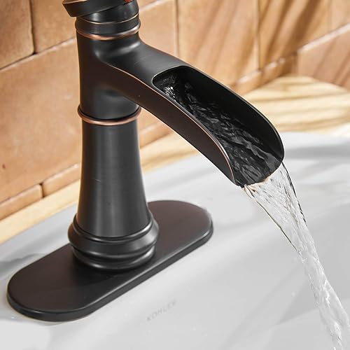 Miniatura 4 de Homevacious Grifo de baño de bronce aceitado cascada fregadero de una sola manija mezclador con montaje de drenaje emergente