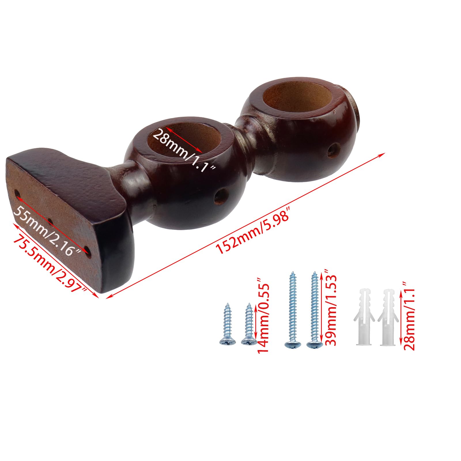 Woogim Wood Curtain Brackets Window Curtain Double Holders for Window Hardware Rod Holders 28mm/1.1inch 2 PCS (Red Brown)