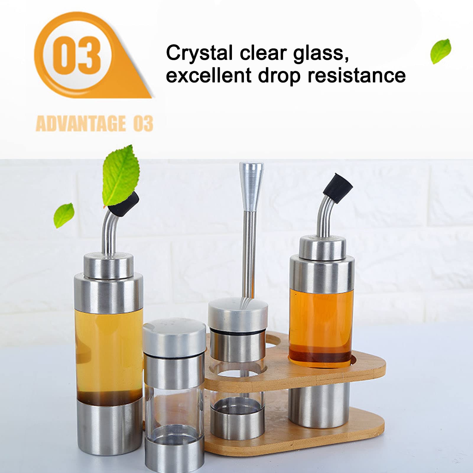 Juego de Dispensador de Aceite Y Vinagre de 5 Piezas, Botella de Condimento Translúcida de Acero Inoxidable, Dispensador de Sal Y Pimienta con Estante de Madera para Cocina, Mesa