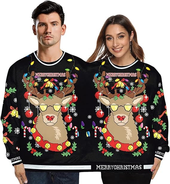 AGCOAH Two Person 3D Funny Ugly Christmas Sweatshirt for Women Man Matching Xmas Sweatshirt for Couples Onesies Xmas Thanksgiving(Elk)