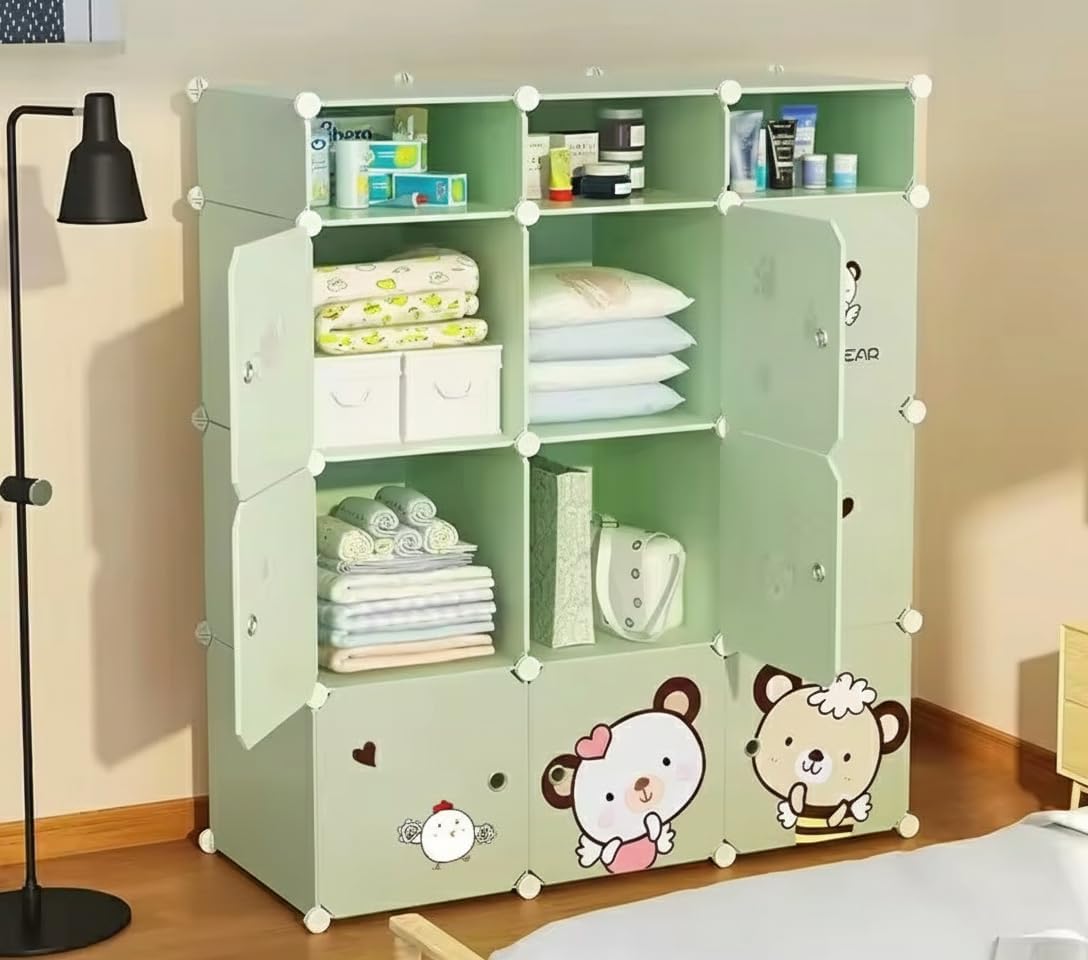 Sunderlook Plastic Wardrobe for Kids Clothes – Professional Collapsible Wardrobe, Easy to Use Foldable Almirah, Plastic Cupboard for Kids for Home (Green-Z4, 9 Door)
