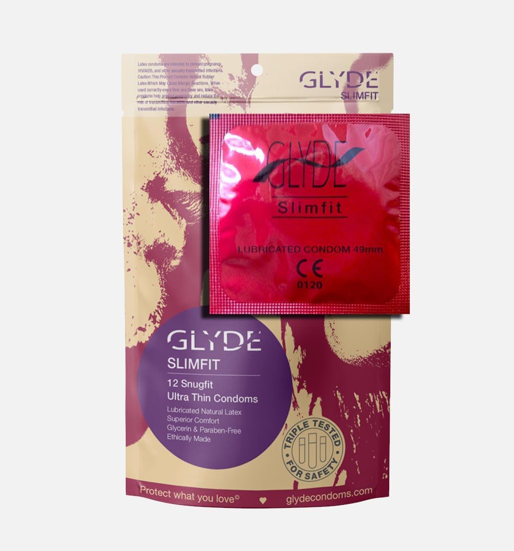 GLYDE Slimfit - Snug Fit Condoms - 12 Count - Ultra-Thin, Vegan, Body-Friendly, Smaller Size Natural Rubber Latex - 49mm for Tighter Fit