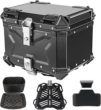 Aluminum Motorcycle Top Case 28L 36L 45L 55L 65L 80L 100L Motorcycle Trunk Waterproof Rear Tour Box with Security Lock Motorcycle Top Box Motorcycle Accessories Color X-Black, Size 65L