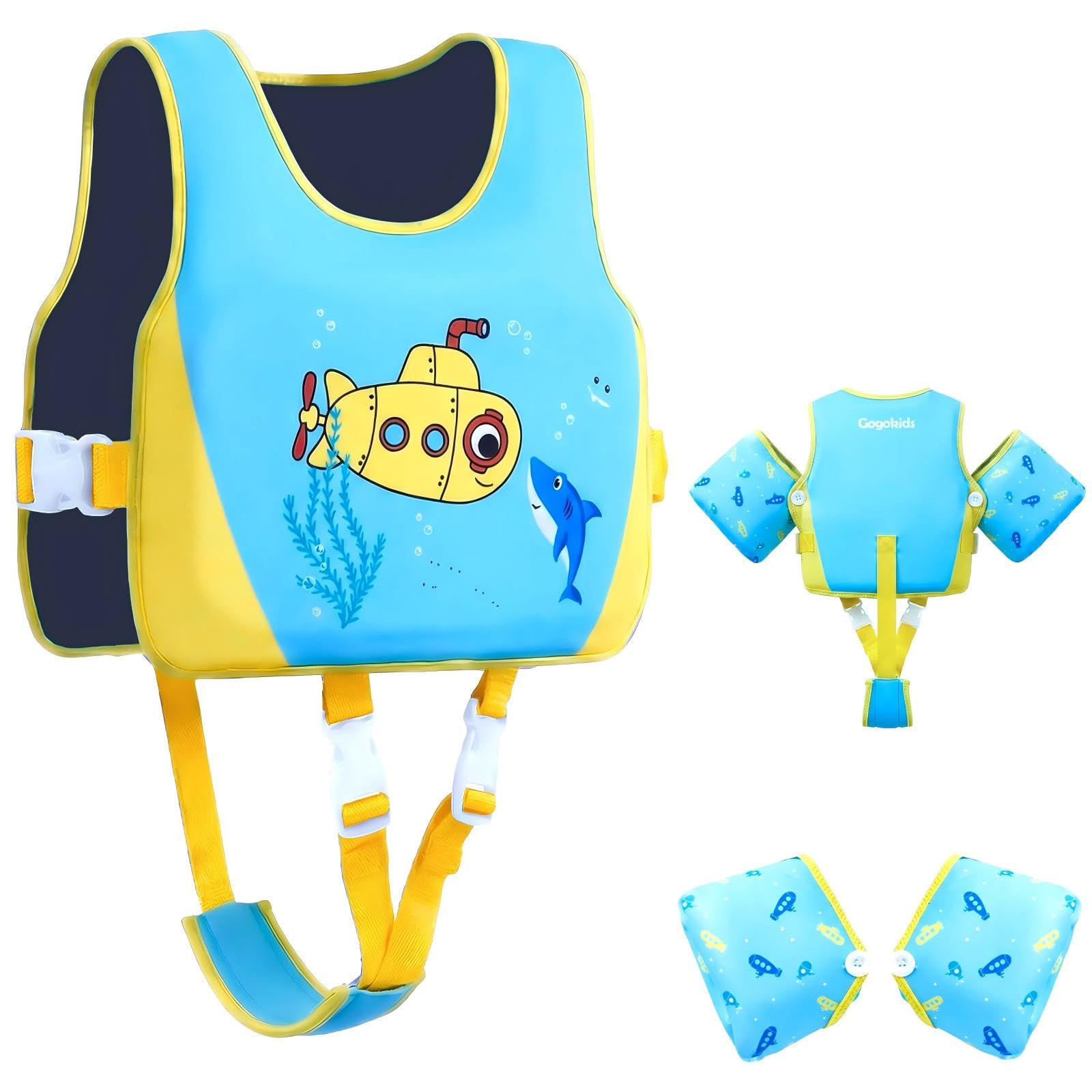 Gogokids Kids Swim Vest with Removable Armbands & 8 Buoyancy Pads, Adjustable Flotation Aid for Children 2-6 Years (15-30kg), Non-Inflatable Toddler Arm Floats for Pool & Swimming Lessons