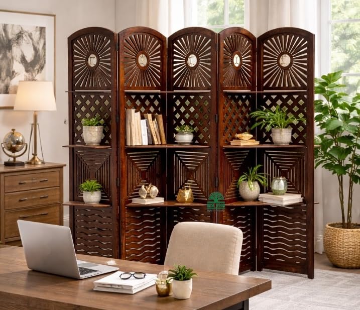 Image of Wooden Room Divider 6 Feet, 5-Panel Folding Wooden Partition for Living Room, Office, Pooja Room, Restaurant, Kitchen & Balcony
