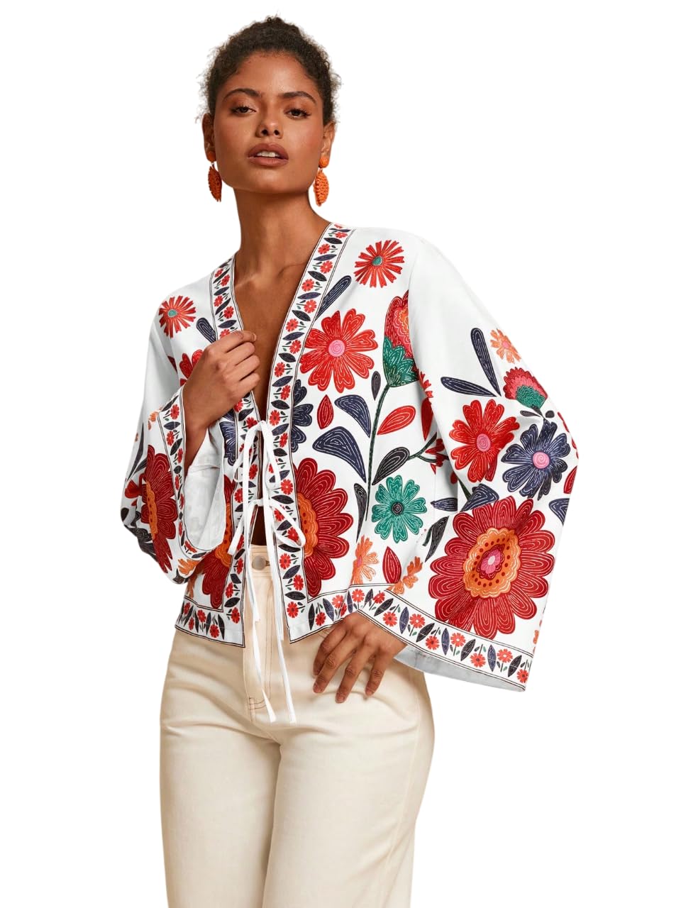 Women’s Boho Floral & Bird Print Kimono Jacket – Lightweight Tie-Front Open Front Cardigan with Bell Sleeves | Multicolor Summer Casual Layering Top