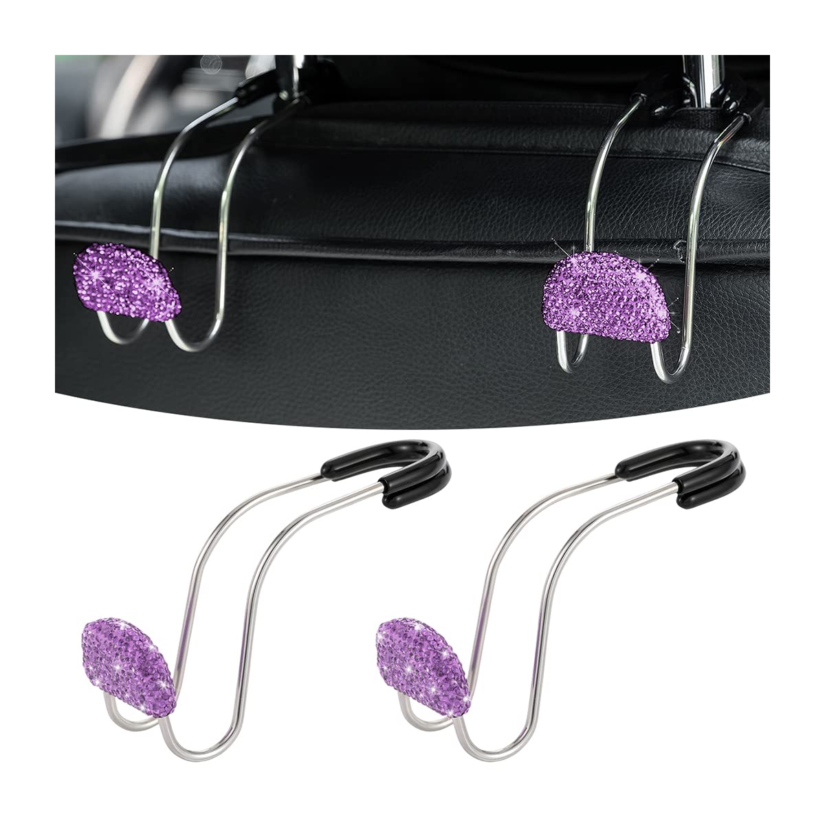 AUCELI Car Headrest Hook, 2 Pack Bling Backseat Organizer Hanger for Purse Clothes Grocery Bag, Rhinestones Auto Headrest Storage Holder, Universal Car Seat Accessories for Most Vehicle (Purple)