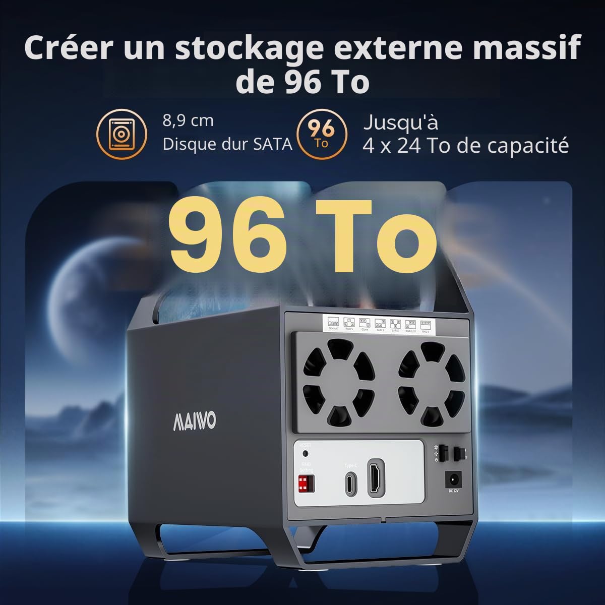MAIWO Boîtier RAID 4 baies pour disque dur SATA 3,5" avec ventilateur de refroidissement, câble USB A-C 3.0 et C-C inclus, prend en charge Raid Normal, 0,3,5,1/10, Clone/Large (Jbod) et capacité de 96