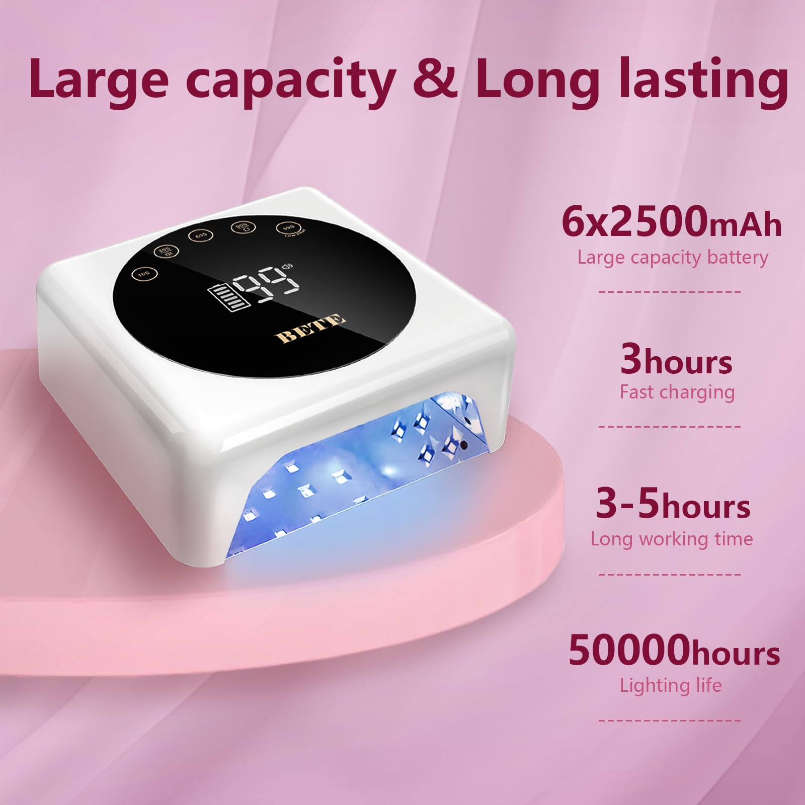 BETE Lampada per unghie a LED senza fili, UV ricaricabile da 78 W, con sensore a infrarossi e display LCD, asciuga unghie portatile con 5 impostazioni di timeout (Bianco)
