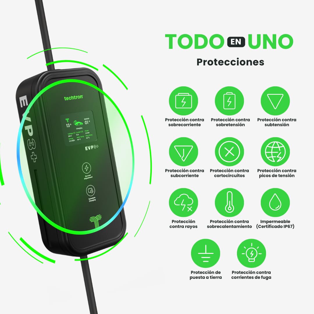 Cargador portátil para Coches eléctricos – 3,6kW Nivel 2, Tipo 2, Cable de 7,5M, Pantalla LCD 2,4”, IP67, Corriente Ajustable (6A/8A/10A/13A16A), Enchufe EU Schuko - techtron EVP3