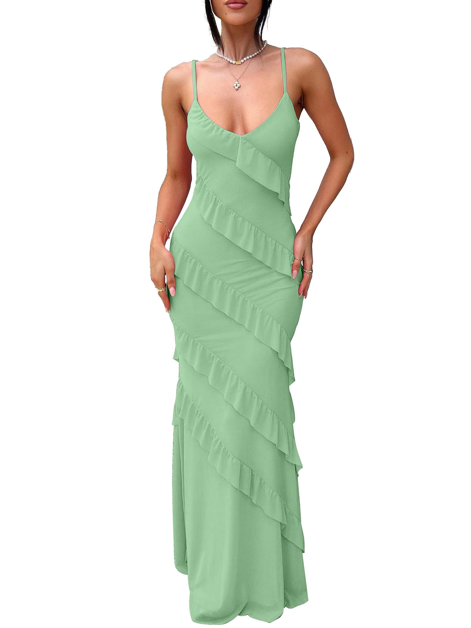 HOCILLE Women's Sexy V Neck Mesh Bodycon Wedding Guest Cocktail Maxi Dress | Sundress Spaghetti Strap Elegant Ruffle Party Long Dresses