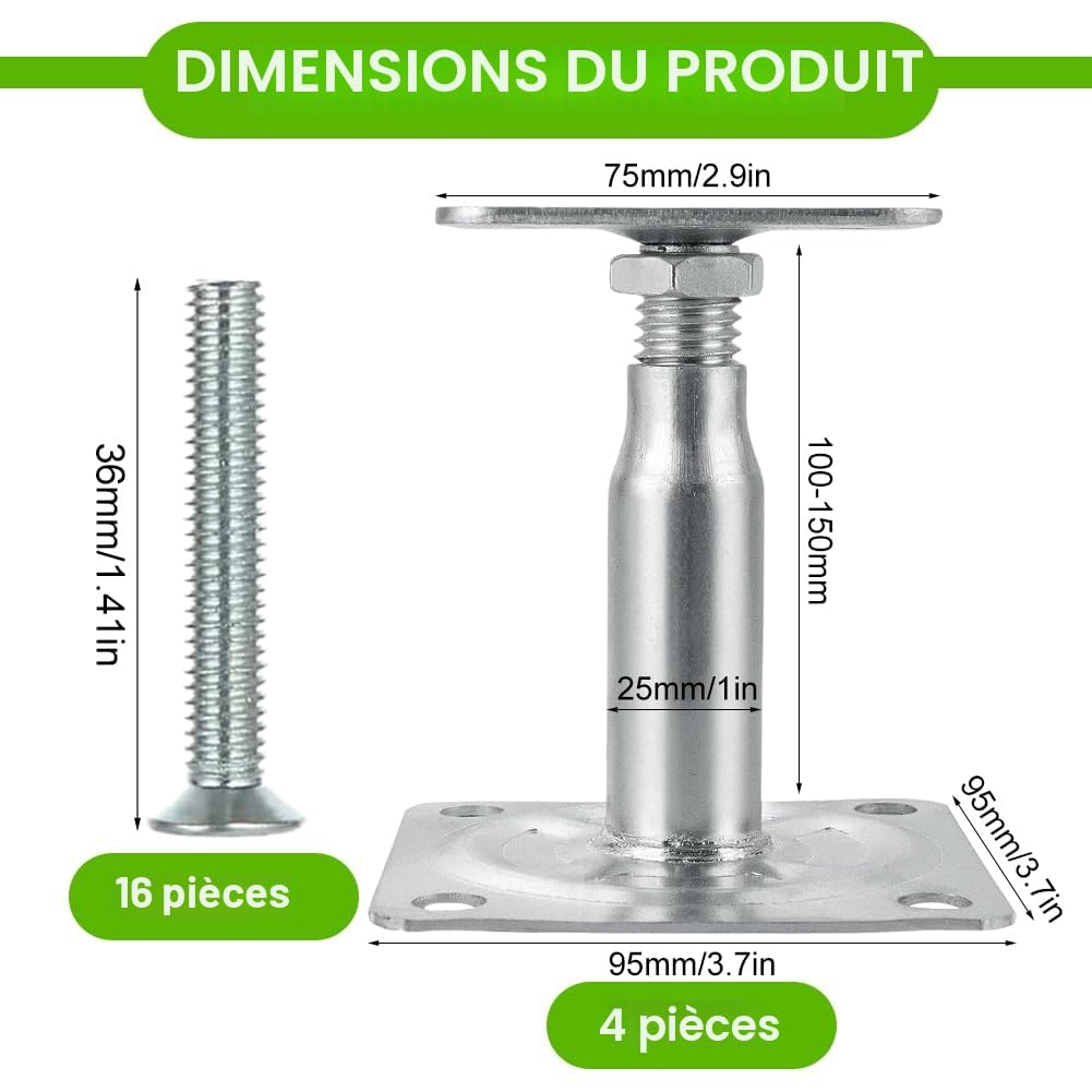 Lot de 4 supports de poteau réglables en hauteur avec 16 vis galvanisées 100-150 mm Support de poteau à visser sur film galvanisé épais passivé