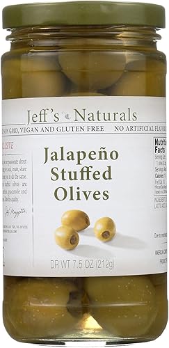 Jeff's Natural Jeff's Natural - Aceitunas rellenas de jalapeño, veganas, sin OMG, caja de 6, 7.5 onzas