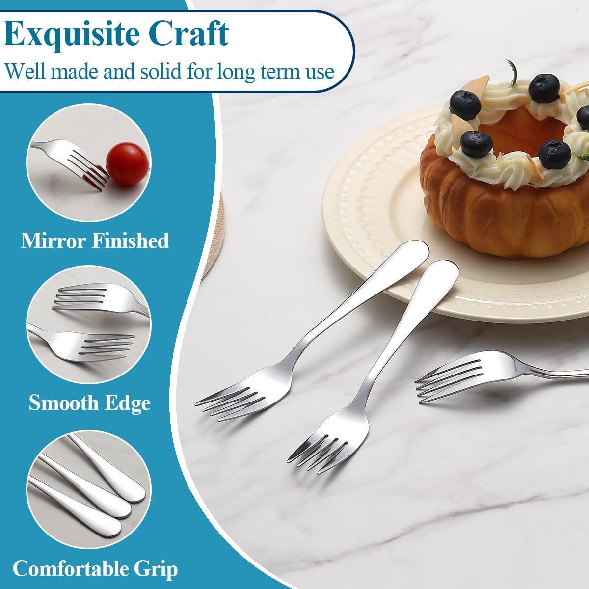Dessert Forks Set of 12, Berglander Stainless Steel 5.5“ Cake Fork for Cocktail, Dessert, Cake, Tea, Fruit, Cheese, Appetizer Small Forks for Party, Hotel, Restaurant, Cafes Dishwasher Safe — Amazon image 3