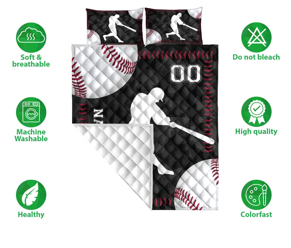 OhaPrints Custom Baseball Gift for Son Boy Batter Hitter Personalized Name Quilt Blanket & Pillowcases, Quilts Bedding Set & Pillow Cover, King Queen Double Twin Throw Full Size Bedspread Bed Sets