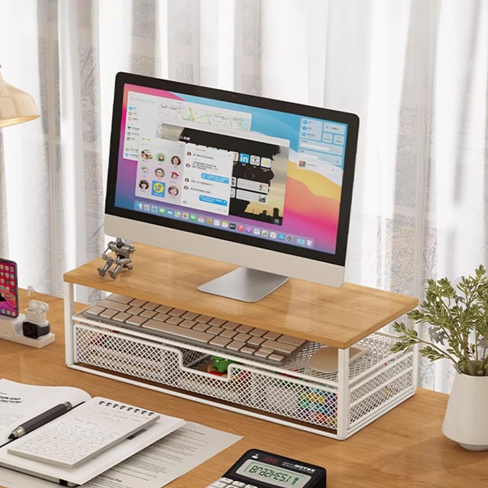 CAKERS Riser De Stand De Moniteur En Métal Robuste | Étagère D'organisateur De Bureau Polyvalent Avec Tiroir De Stockage | Accessoires De Bureau Créatifs,Blanc,50x20x17cm (19.6x7.8x6.6 Pouces)