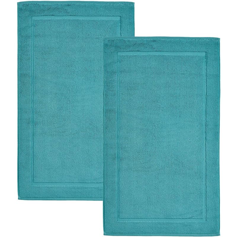 Hawmam Linen Teal Turquoise Bath Mats, 21 x 34 inches, Pack of 2-100% Ring Spun Cotton,[Not a Bathroom Rug] Banded Design, Highly Absorbent, Machine Washable for Bathroom Floor Towel