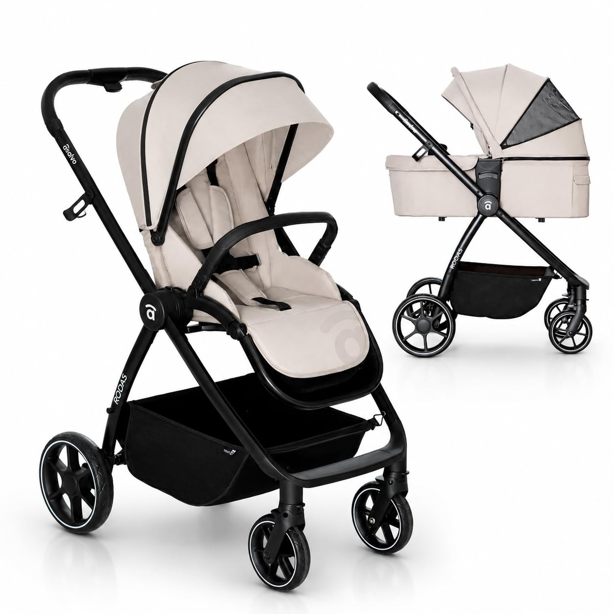 Asalvo DÚO RODAS Silla de Paseo, Carro Plegable Ultraligera y Compacta, Asa Trolley, Equipaje avión, Reclinable, Carro Bebe, Barra Seguridad, Arnés 5 Puntos, hasta 23kg, Beige