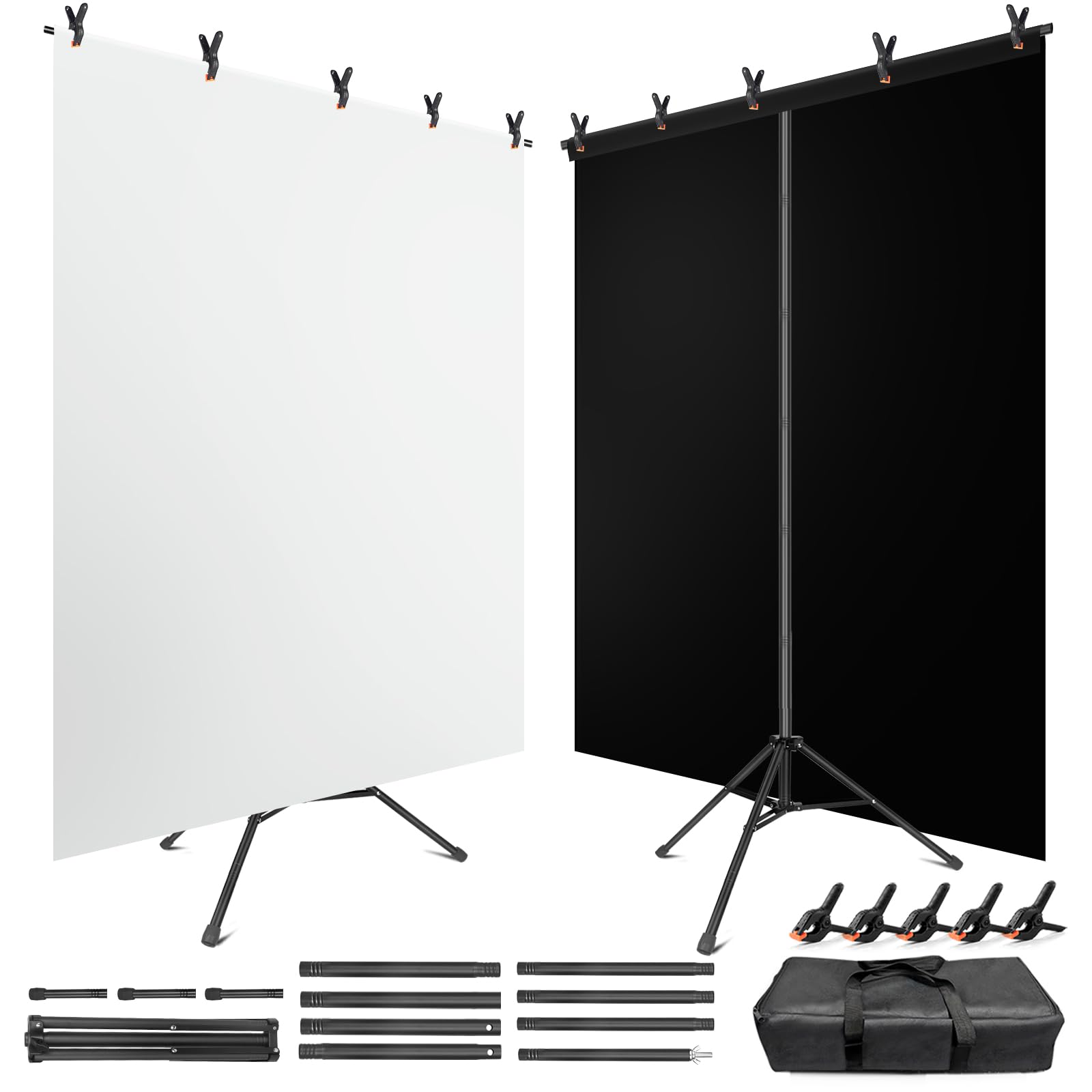 Photo 1 of Black White Backdrop Screen with Stand Kit for Photo Video Studio Filming 5X6.5ft, Black Backdrop White Photo Curtain Background with T Shape Stand and 5 Spring Clamp for Photography Party Decorations