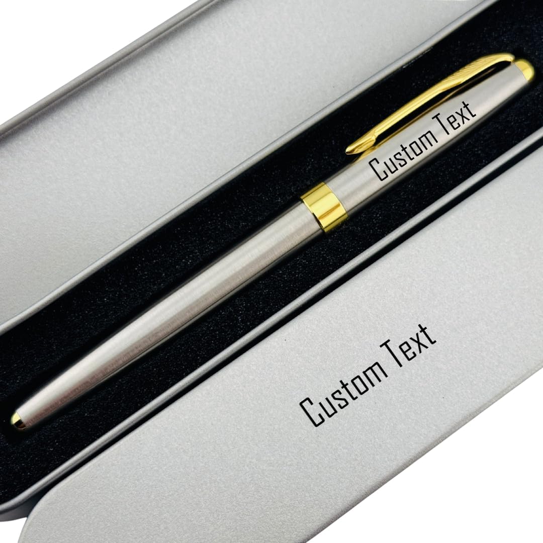Engraved Pen – Personalized Durable Rollerball Pen – Custom Stainless Steel Desk Essentials in Tin Case – Gift for Promotion, Graduation, Office (Chrome Rollerball Pen)