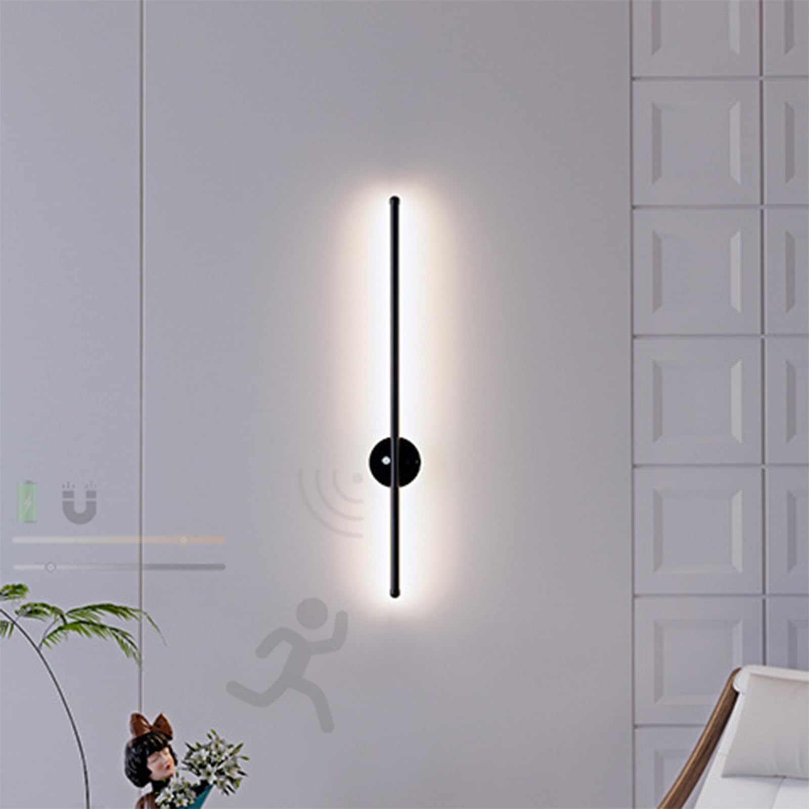 LED Wandleuchte Innen mit Bewegungsmelder Dimmbar Wandleuchte mit Wiederaufladbarem Akku Nachtlicht USB Wiederaufladbare Magnetische Art Lampen für Ohne Stromanschluss (Schwarz,100CM)