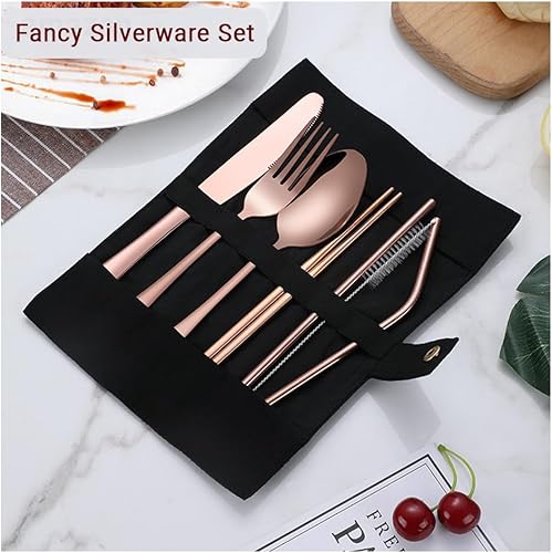 Miniatura 6 de Juego de cubiertos de viaje  Juego de cubiertos de acero inoxidable portátil reutilizable 7 piezas para almuerzo de campamento, incluye tenedor,