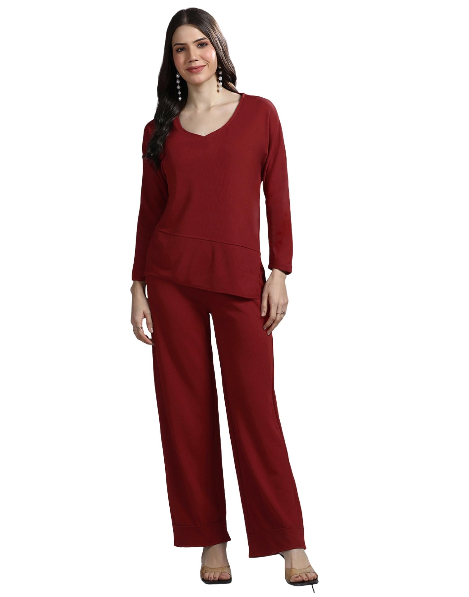 Maroon Solid Lycra Co-Ord Set for Women with Long Sleeve Top and Pants-image-39
