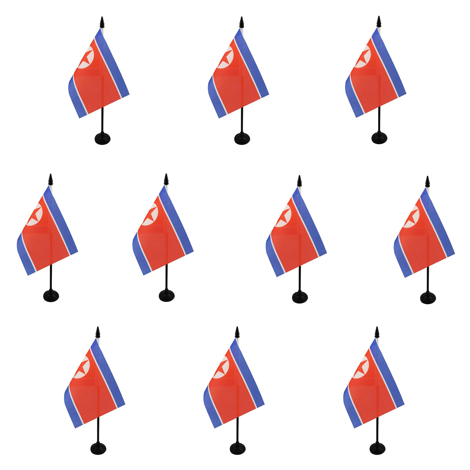 AZ FLAG - Set of 10 North Korea Table Flag 4'' x 6'' - 10 Small North Korean Office Flags 100% Polyester 15 x 10 cm - Mini Desk Flag with 10'' Pole and Black Plastic Base