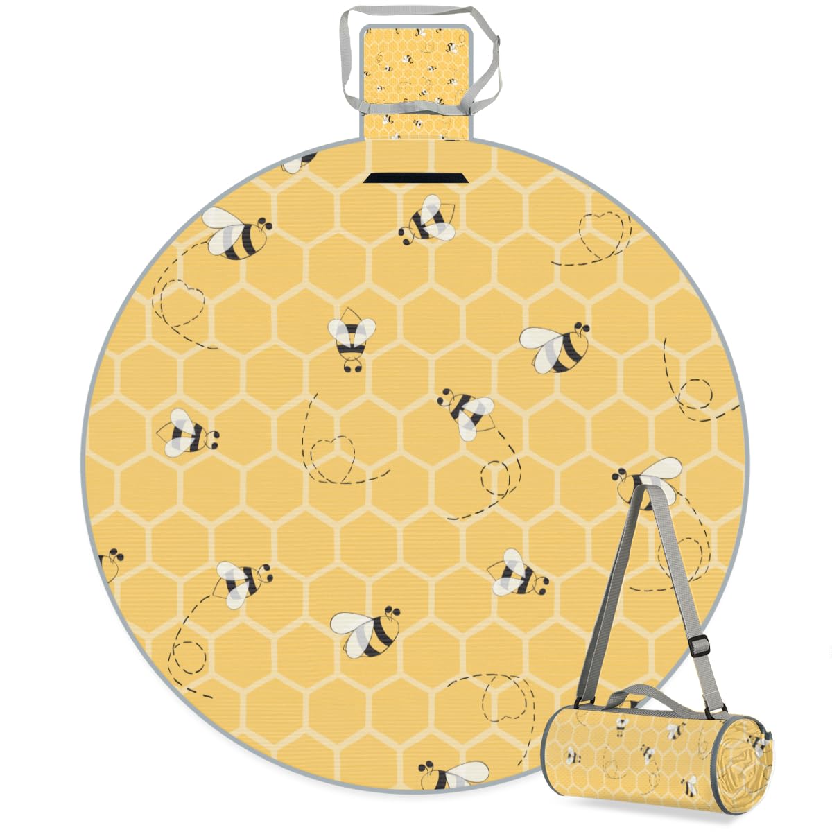 Shimoshe Cute Bee Picnic Outdoor Blanket Foldable Waterproof Sandproof Beach Blanket Portable Water-Resistant Round Picnic Mat for Travel Camping Park Lawn