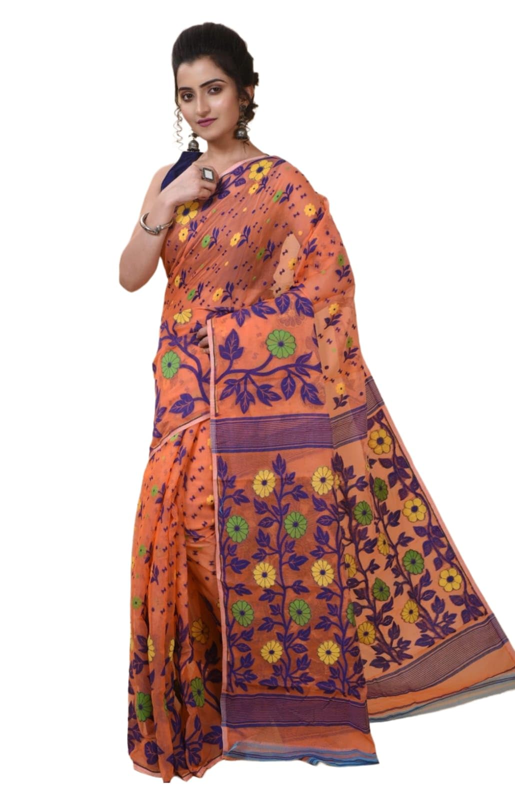 Women's & Girl's Jamdani Silk Blend Saree Without Blouse Piece-image-38