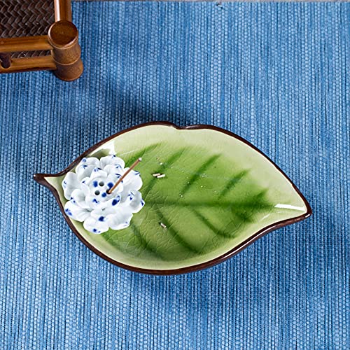 Jdzjybqx Incense Stick Burner Holder Ceramic Decorative Lotus Incense Burner Leaf Incense Ash Catcher Tray,Green cover
