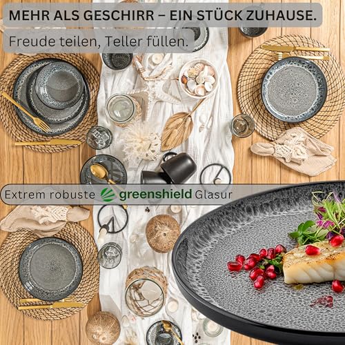 Sänger Sydney | Teller Set 6 Personen, Steingut Geschirr Set 6 teilig, Speiseteller Essteller Dinner Set kratzfest, Plates Set spülmaschinenfest, Steingut Speise Teller dunkel grau | VALUE COLLECTION