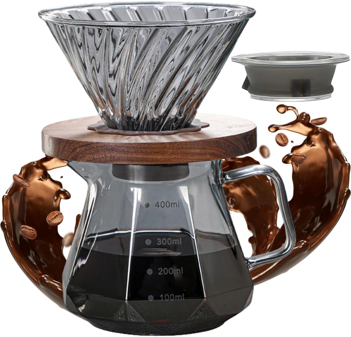 Hand Brewed Glass Coffee Pot with Cover, 400ml / 600ml Glass Pour Over Coffee Maker, Glass Pour Over Coffee Maker with Coffee Dripper for Home, Office (400ml)