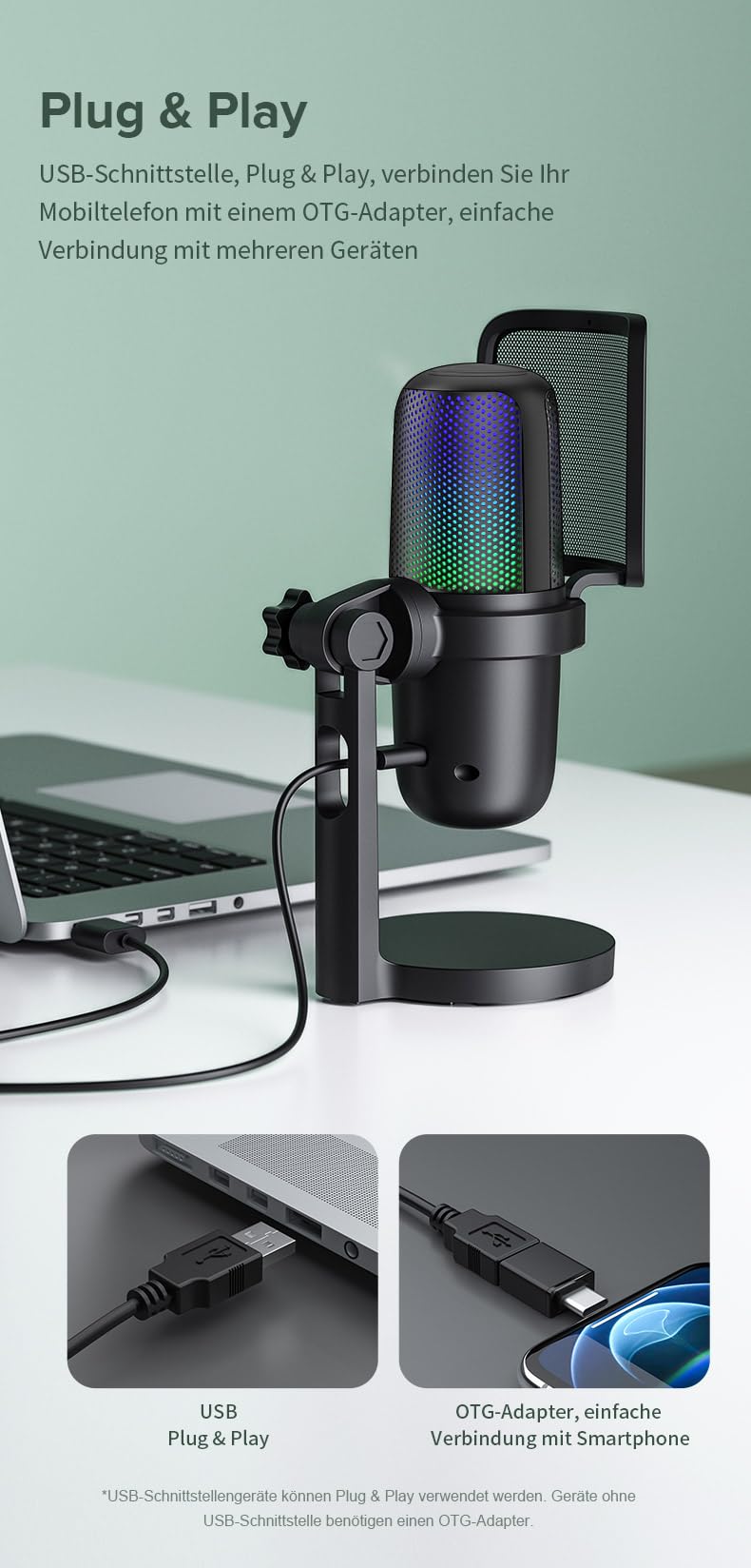 KO-Star M-630S USB Gaming Mikrofon RGB – Nierencharakteristik, Touch-Stummschaltung, Plug & Play, Metall-Pop-Filter, Verstellbarer Winkel, 2 m Kabel, USB-C/USB-A