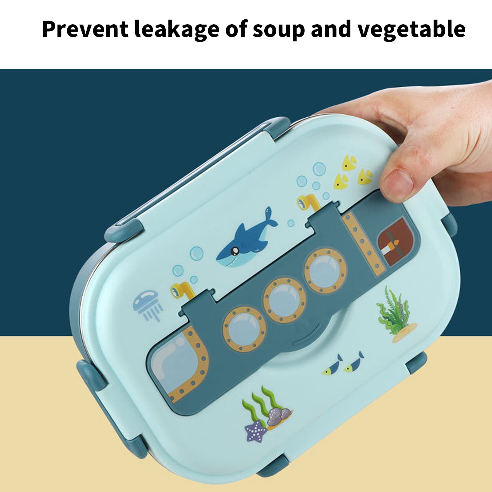 HEEPDD Stainless Steel Lunch Box for Kids Leak Proof 3 Compartments with Tableware BPA Free Portions Stainless Steel Box for School Home Office Travel Use Blue - Image 2
