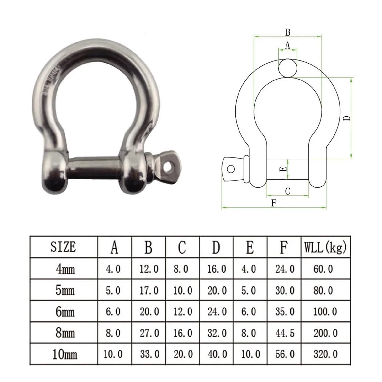 Grilletes Grillete de anclaje tipo perno de seguridad de acero inoxidable 304, 5 piezas, 4mm, 5mm, 6mm, 8mm, 10mm, Mini Hardware de aparejo grande, grilletes de cuerda for barcos(8mm)