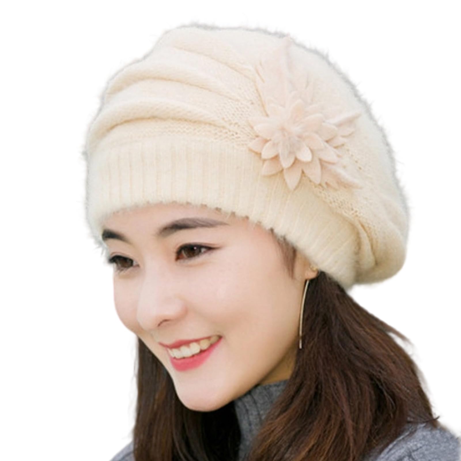 MICFENY Elegant Flower Decors Knitted Cap Thickened Rabbits Furs Pullover Hat for Cold Weather Warm Headwear For Women