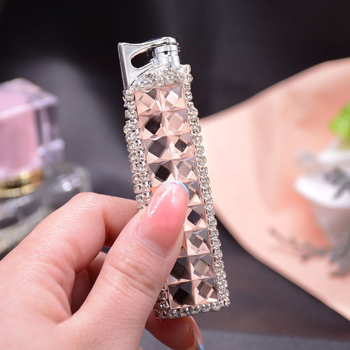 JIANCHEN Rhinestone Bling Cool Lighter, Metal Refillable Butane Flame, Girls Lighter for Women, Champagne Pink