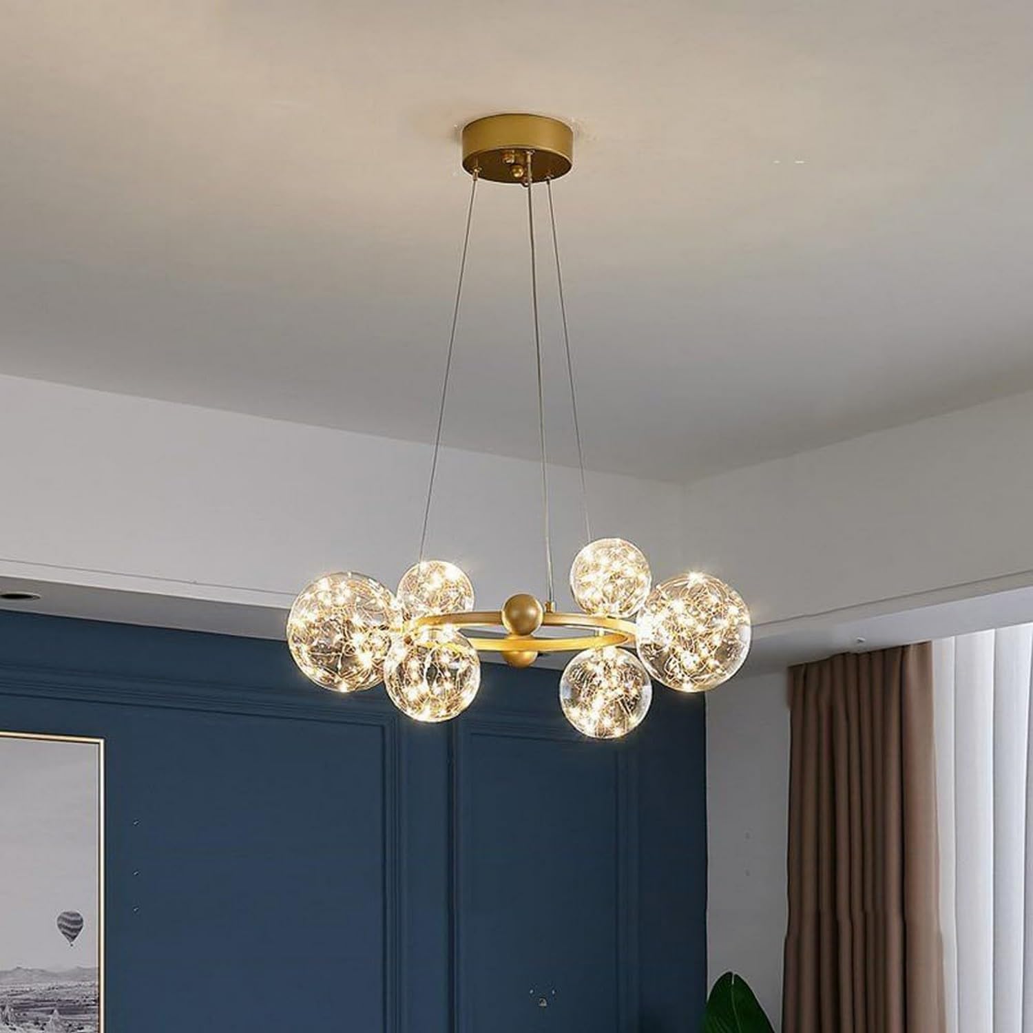 Lustre rond en verre pour salle à manger sombre avec éclairage 6 lumières puissant