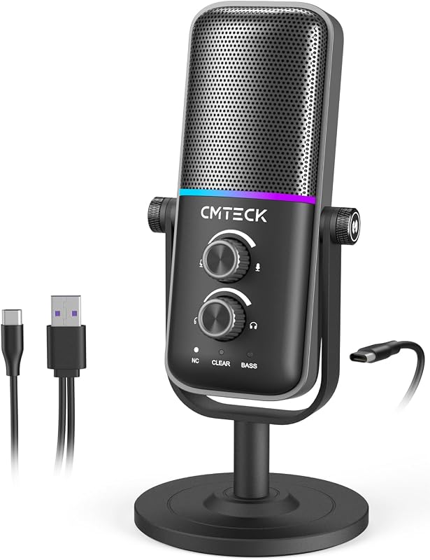 CMTECK Micrófono USB para PC, PS4/PS5, portátil - Micrófono de computadora con iluminación RGB, botón de silencio, ganancia de micrófono, Plug & Play, 3 modos de sonido para streaming, podcasting, grabación