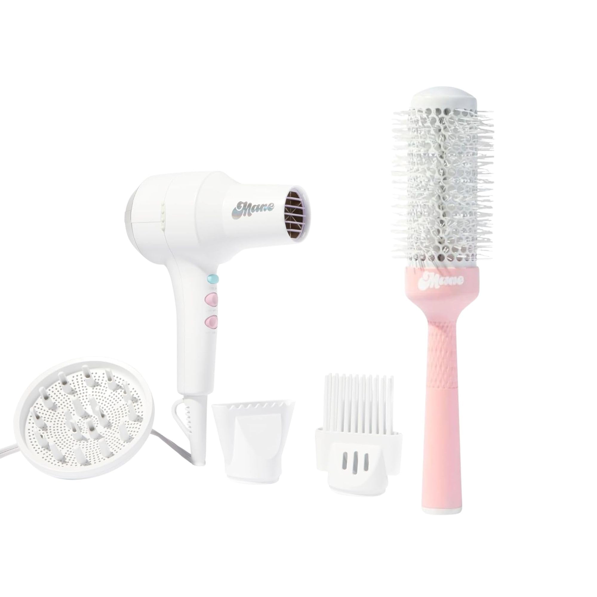 Mane Blowout Set – Ionic Compact Hair Dryer with Diffuser, Wide Tooth Comb & Nozzle + 33mm Ceramic Round Brush for Voluminous, Frizz-Free Blowouts