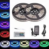 LTROP 2 Reels 12V 32.8ft Waterproof Flexible RGB LED Strip Light Kit, Color Changing SMD5050 300 LEDs, LED Strip Kit & Mini 44-key IR Controller + 12V 5A Power Supply, Adhesive Light Strips