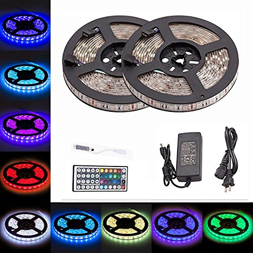 LTROP 2 Reels 12V 32.8ft Waterproof Flexible RGB LED Strip Light Kit, Color Changing SMD5050 300 LEDs, LED Strip Kit & Mini 44-Key IR Controller + 12V 5A Power Supply, Adhesive Light Strips