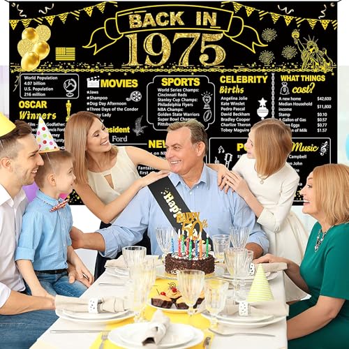 Image of DARUNAXY 51st Birthday Black Gold Party Decoration, Back in 1975 Banner 51 Year Old Birthday Party Poster Supplies Vintage 1975 Backdrop Photography Background for Men & Women 51st Class Reunion Decor