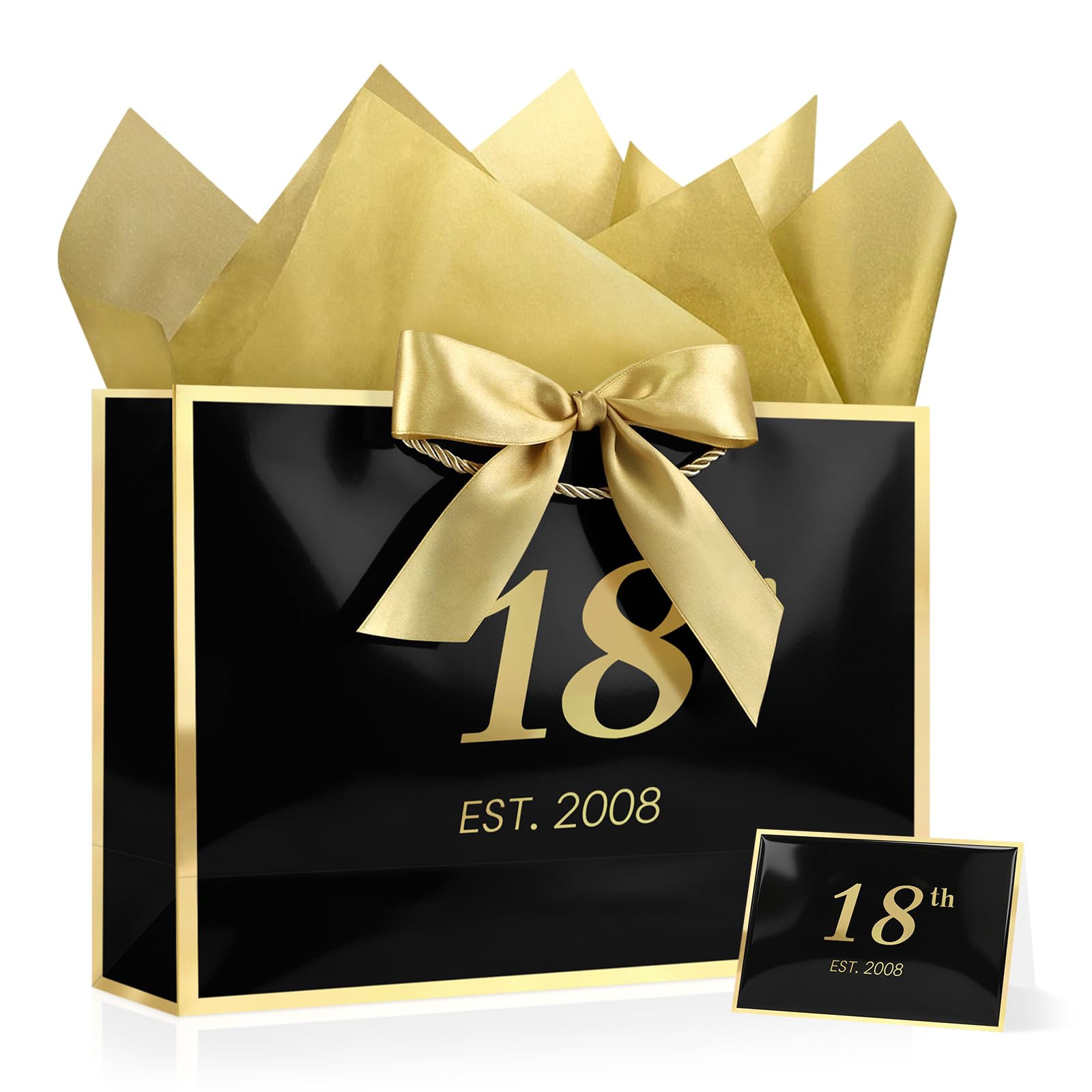 YoungTree 18th Birthday Gift Bag, 32x22x11 cm, Black Portable Paper Bag with Handle, Includes 1 Card & 2 Tissue Papers, Perfect for Birthday Party, Presents, 18th Birthday Gifts for Teens Born in 2008 — image 1