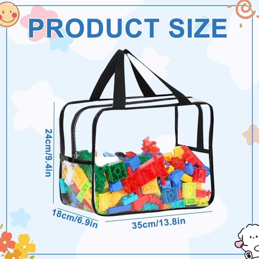 Confezione da 6 sacchetti trasparenti per giocattoli con manici, 35 x 24 x 18 cm, impermeabili, in PVC, con cerniera, riutilizzabili, per giocattoli per bambini, libri, cosmetici (nero)